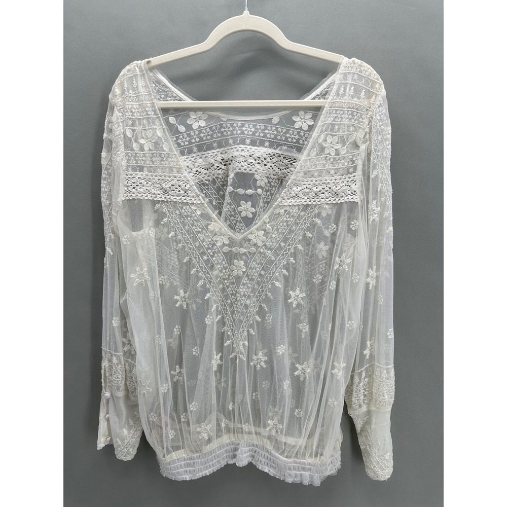 Free People Floral Mesh Lace Embroidered Top Ivory Sheer Boho Blouse Size Large - Picture 2 of 6